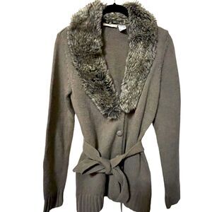 Vintage Y2k Cardigan La Redoute Faux Fur Collar Brown Wool Blend Belted XS